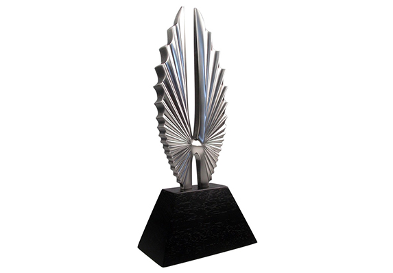 Uplifting wings trophy for GLAAD Media Awards - cast metal sculpture on wood base - custom designed and manufactured by Society Awards
